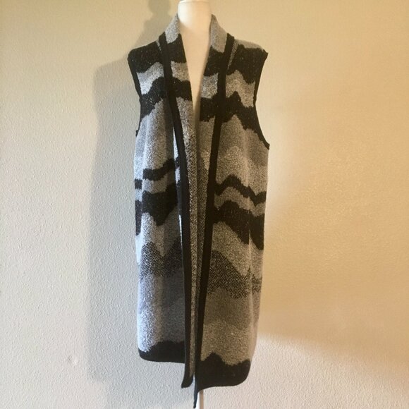 Chico's Wool Blend Duster Open Front Long Sweater Vest Sz XL Wavy Stripes Zigzag - Picture 1 of 7
